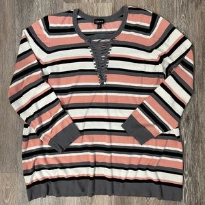 Torrid lace up neckline sweater. Peach, black, gray & white. Size 4 (4X).